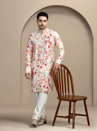 Cream & Pink Printed Kurta Pajama | Virasana