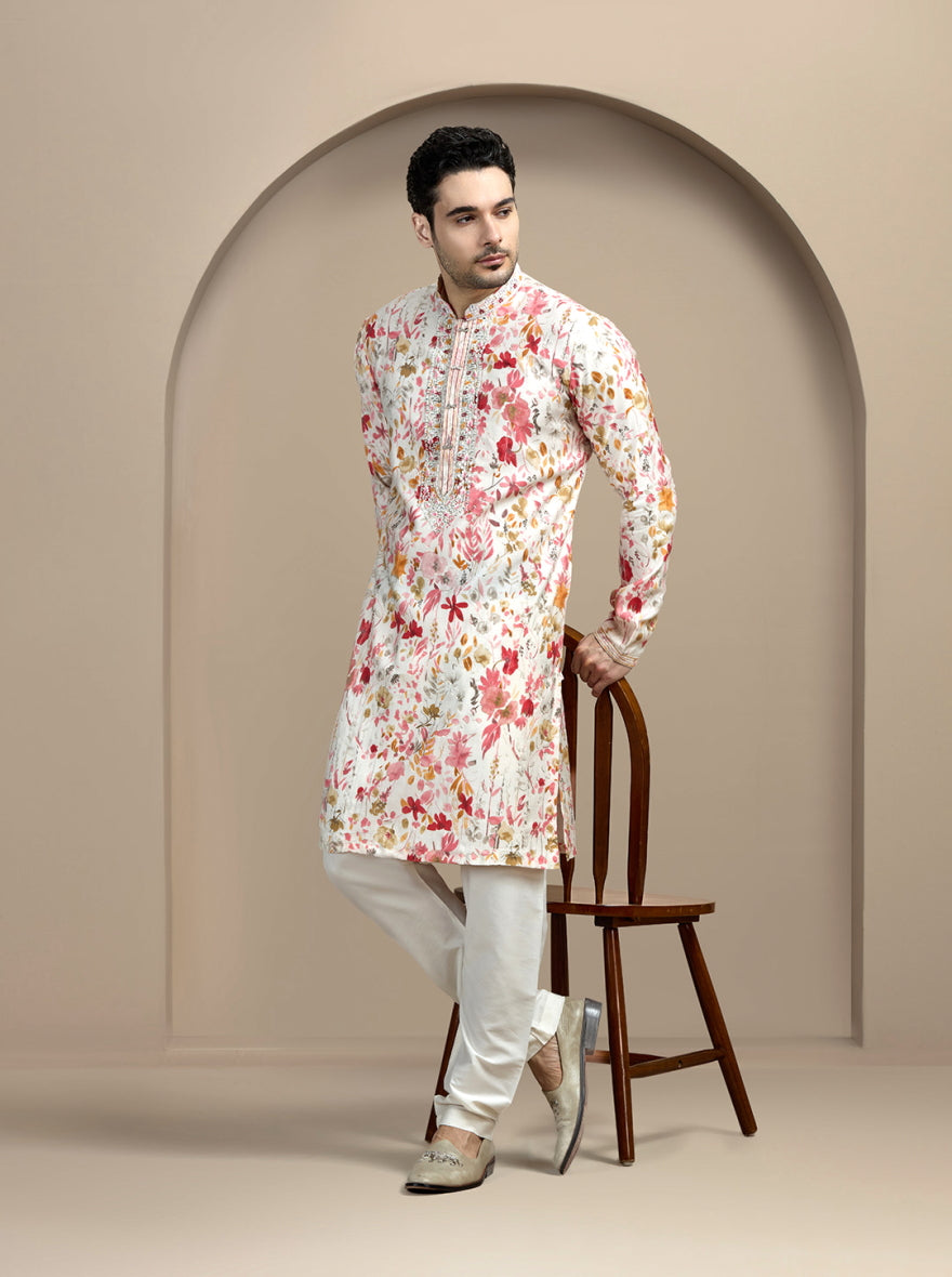 Cream & Pink Printed Kurta Pajama | Virasana