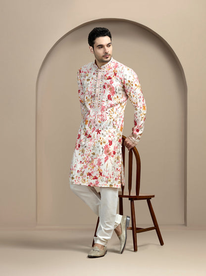 Cream & Pink Printed Kurta Pajama | Virasana