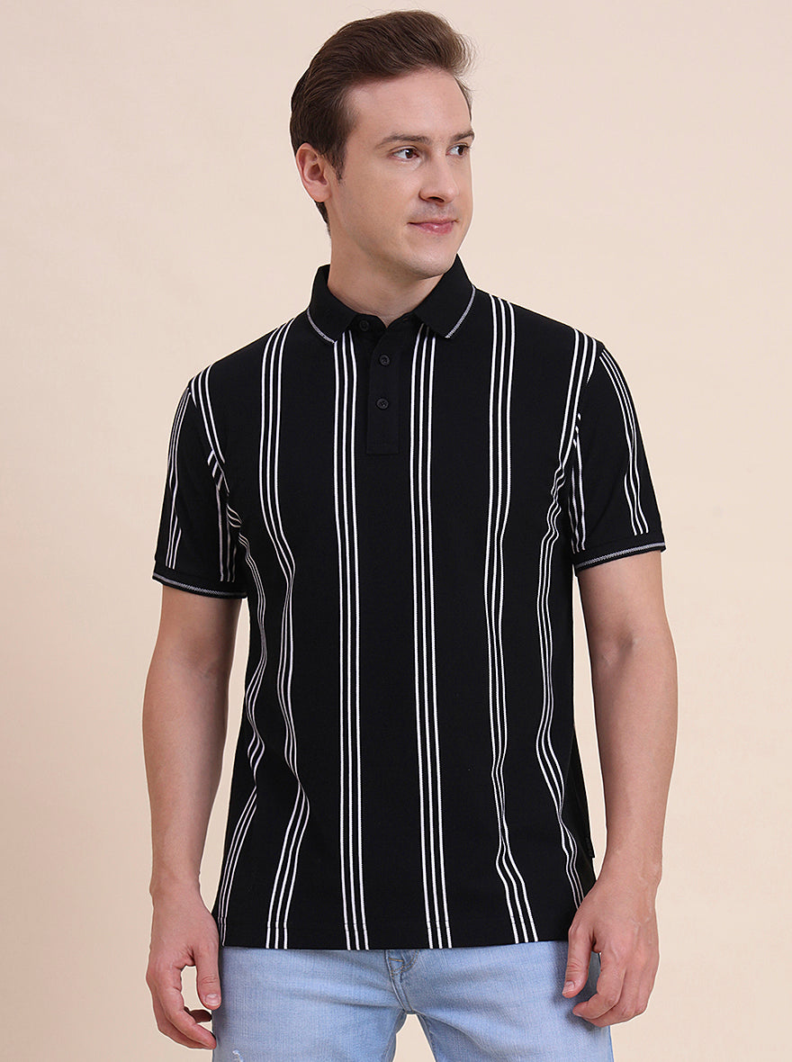 Black & White Striped Slim Fit Polo T-Shirt | JadeBlue