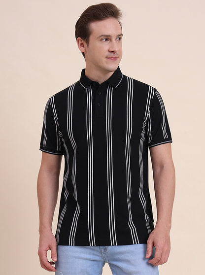 Black & White Striped Slim Fit Polo T-Shirt | JadeBlue