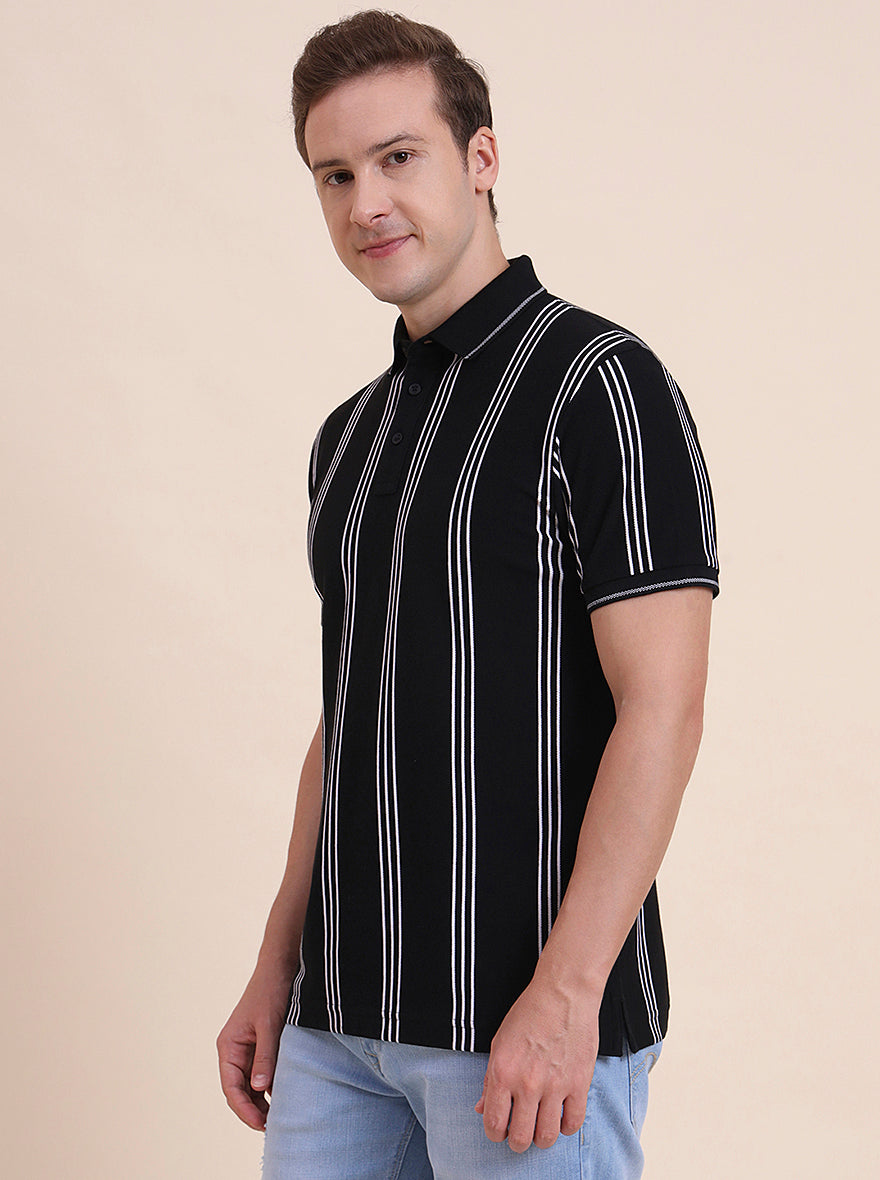 Black & White Striped Slim Fit Polo T-Shirt | JadeBlue