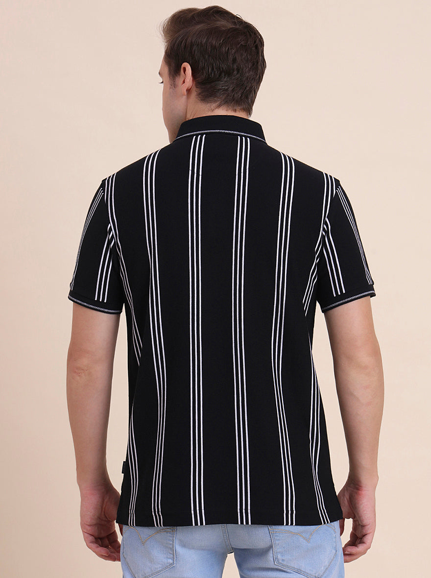 Black & White Striped Slim Fit Polo T-Shirt | JadeBlue