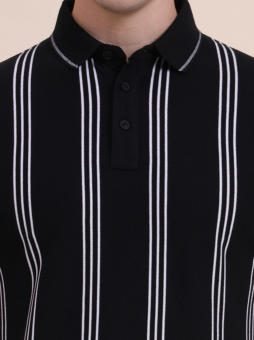 Black & White Striped Slim Fit Polo T-Shirt | JadeBlue