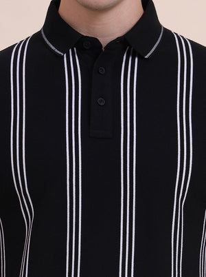 Black & White Striped Slim Fit Polo T-Shirt | JadeBlue