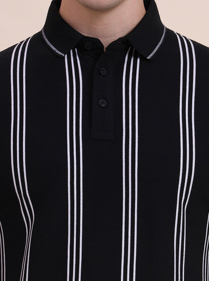 Black & White Striped Slim Fit Polo T-Shirt | JadeBlue