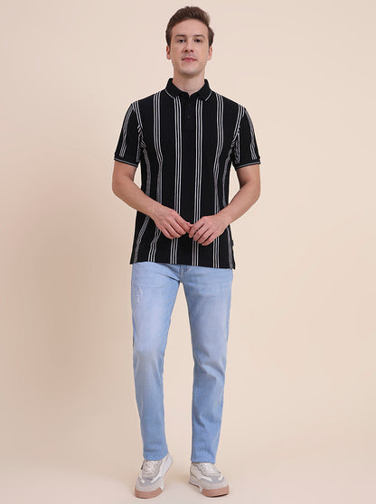 Black & White Striped Slim Fit Polo T-Shirt | JadeBlue