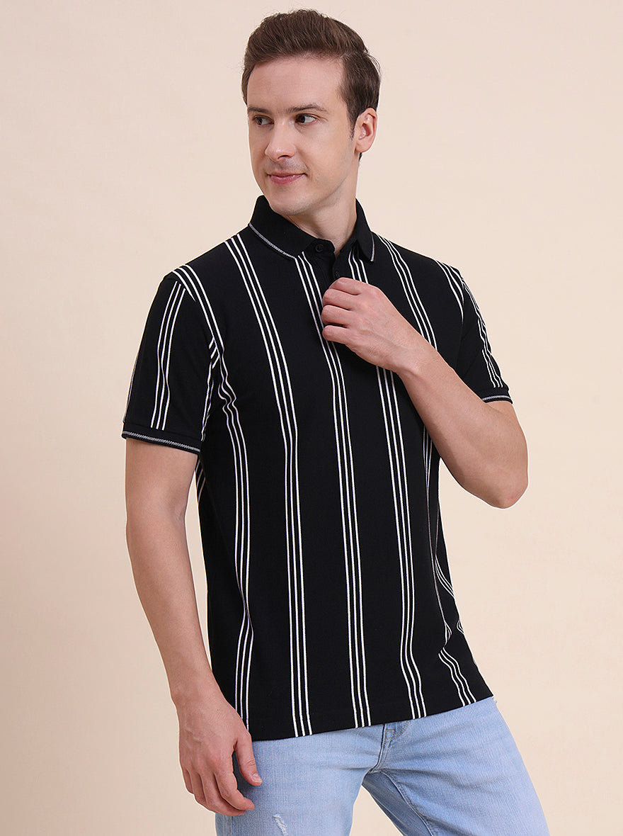 Black & White Striped Slim Fit Polo T-Shirt | JadeBlue