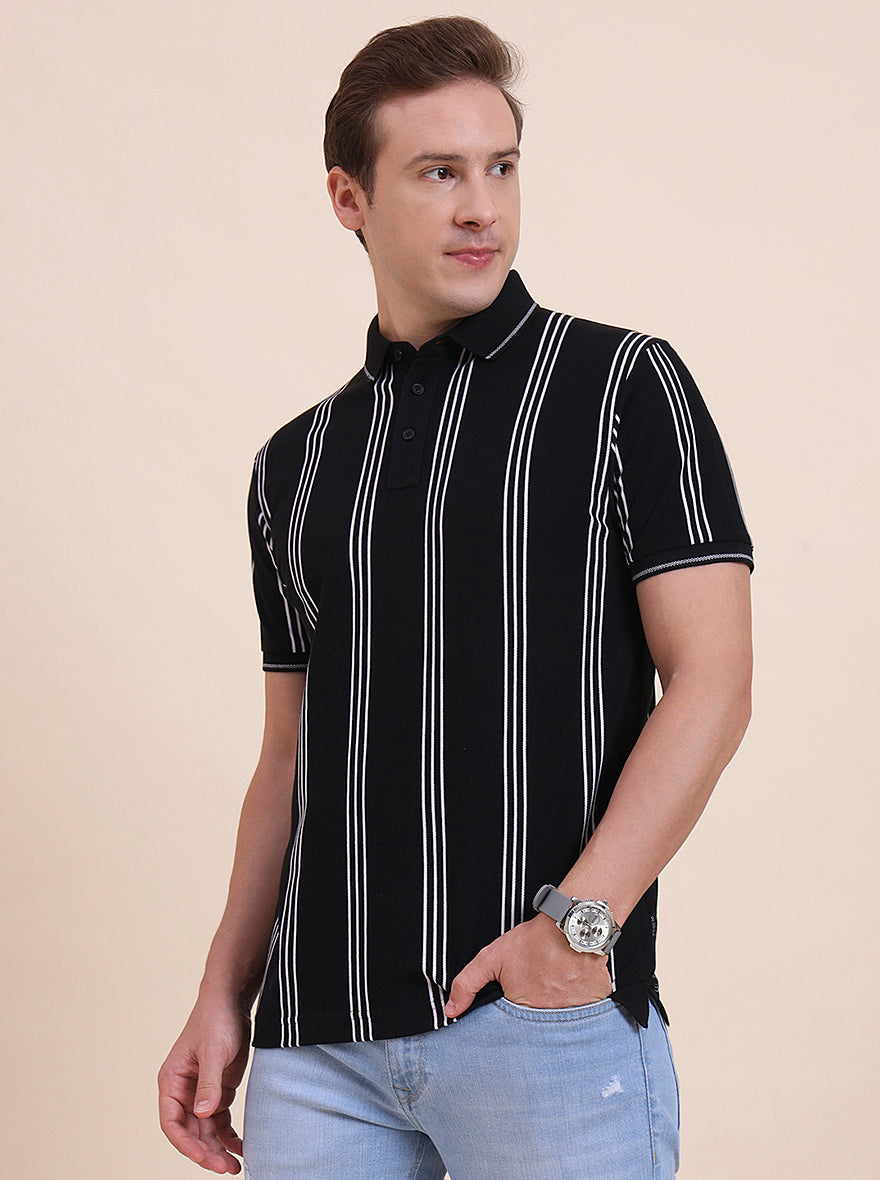 Black & White Striped Slim Fit Polo T-Shirt | JadeBlue