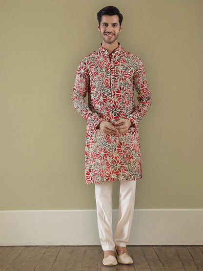 Cream Maroon Printed Kurta | The Kurta Company