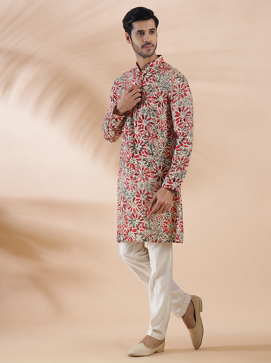 Cream Maroon Printed Kurta | The Kurta Company
