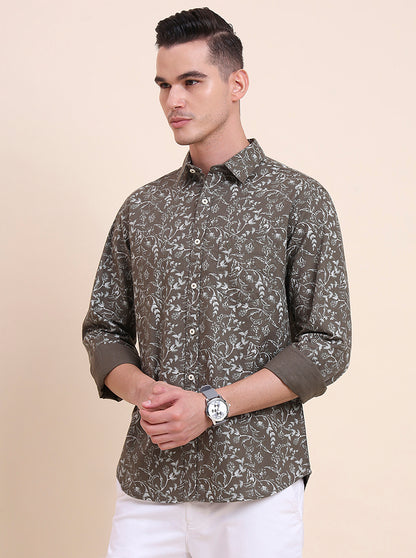 Olive Brown Printed Slim Fit Casual Shirt | Greenfibre