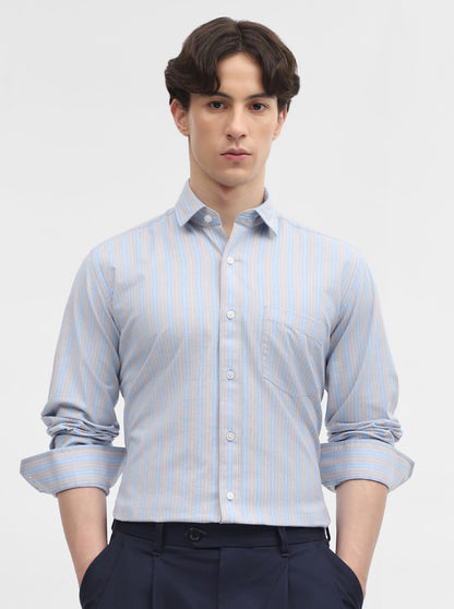 Blue & Grey Striped Tailored Fit Semi Casual Shirt | JadeBlue