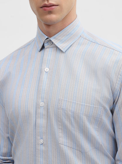 Blue & Grey Striped Tailored Fit Semi Casual Shirt | JadeBlue
