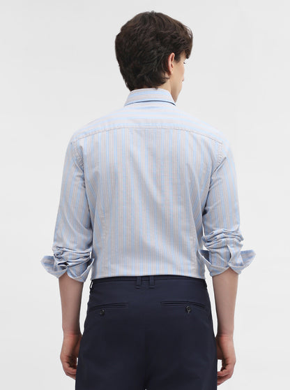 Blue & Grey Striped Tailored Fit Semi Casual Shirt | JadeBlue