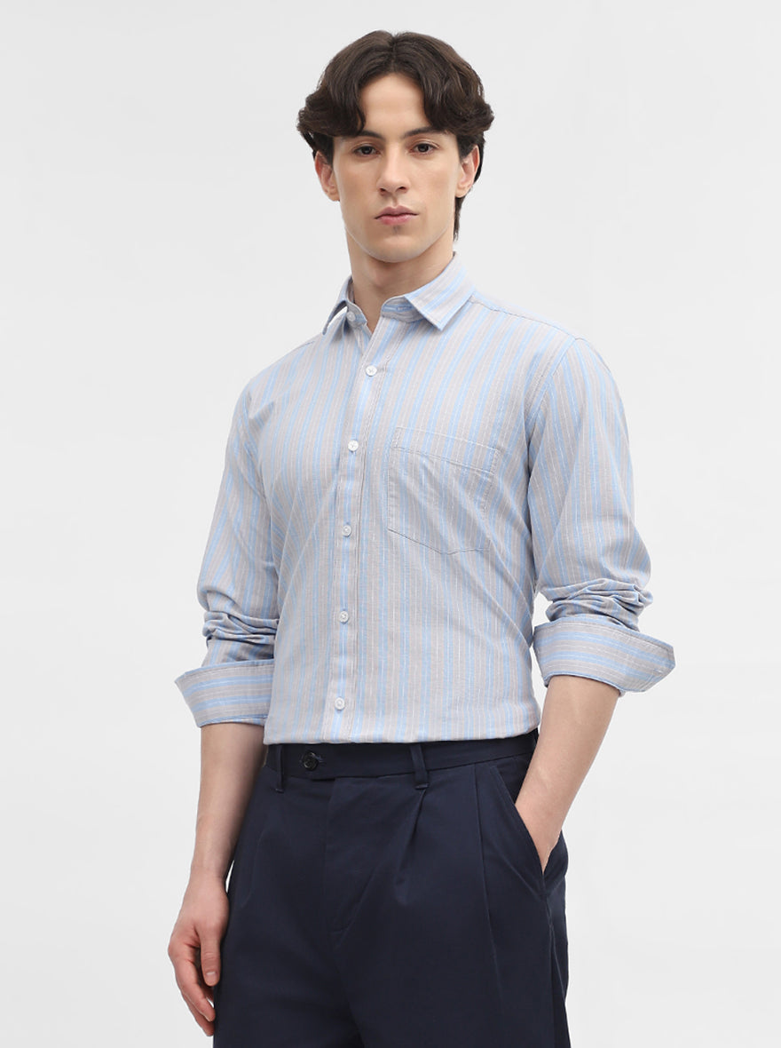 Blue & Grey Striped Tailored Fit Semi Casual Shirt | JadeBlue