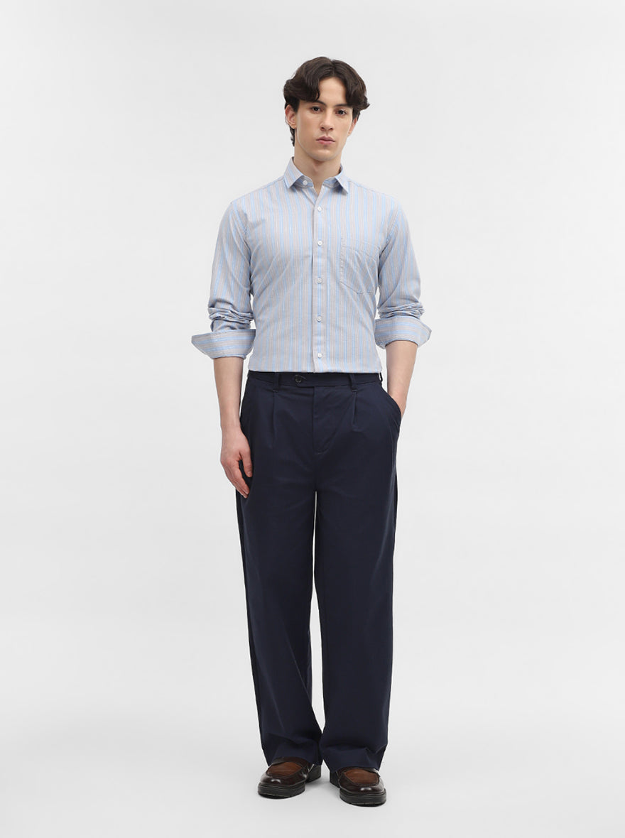 Blue & Grey Striped Tailored Fit Semi Casual Shirt | JadeBlue