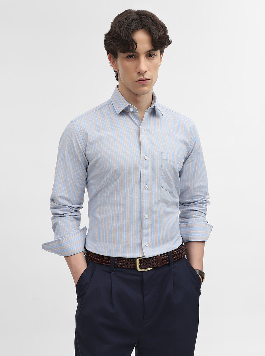 Blue & Grey Striped Tailored Fit Semi Casual Shirt | JadeBlue