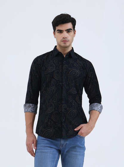 Navy Blue Printed Slim Fit Casual Shirt | JadeBlue