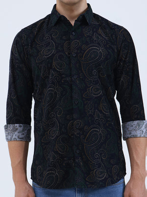 Navy Blue Printed Slim Fit Casual Shirt | JadeBlue