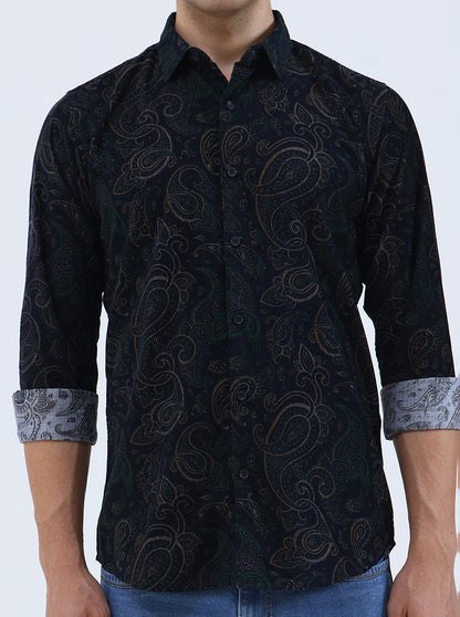 Navy Blue Printed Slim Fit Casual Shirt | JadeBlue