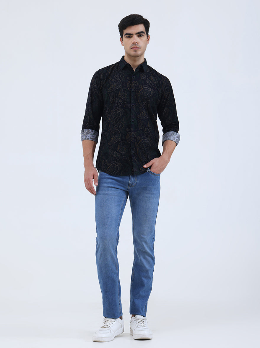 Navy Blue Printed Slim Fit Casual Shirt | JadeBlue
