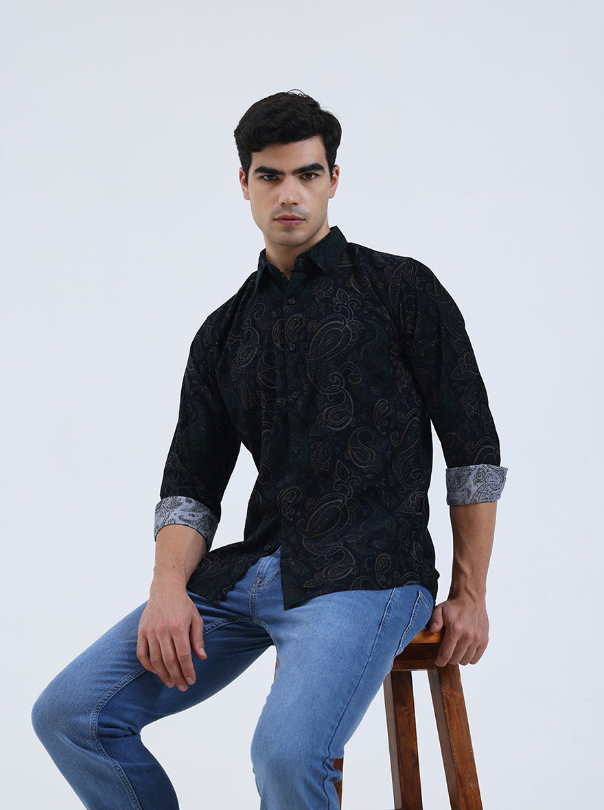 Navy Blue Printed Slim Fit Casual Shirt | JadeBlue