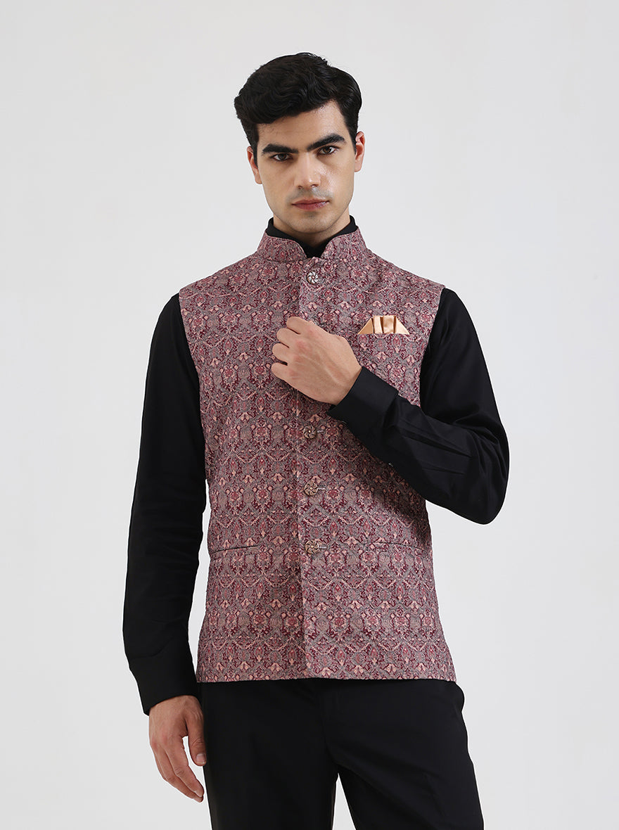 Maroon & Beige Printed Regular Fit Waistcoat | JB Studio
