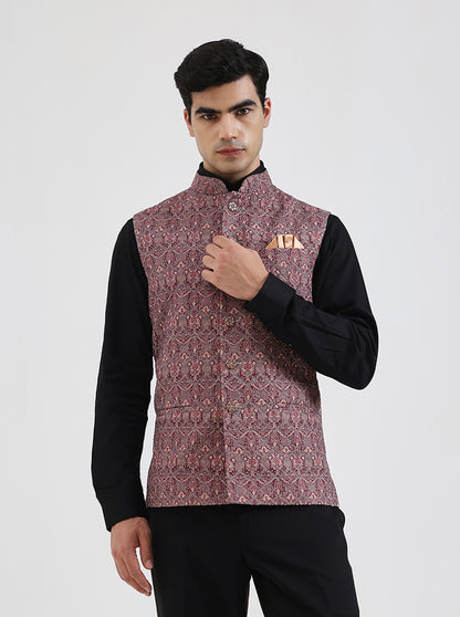 Maroon & Beige Printed Regular Fit Waistcoat | JB Studio