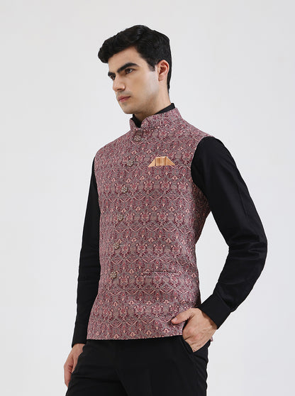 Maroon & Beige Printed Regular Fit Waistcoat | JB Studio