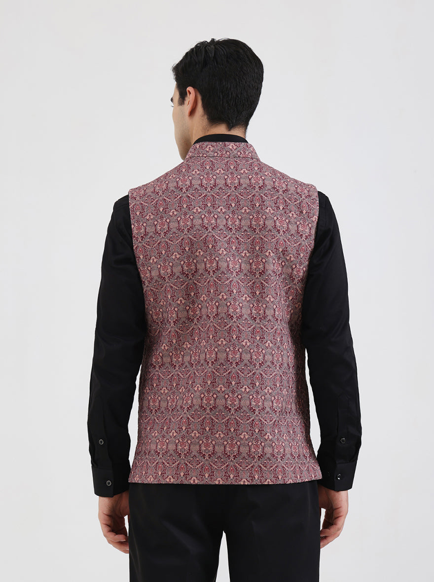 Maroon & Beige Printed Regular Fit Waistcoat | JB Studio