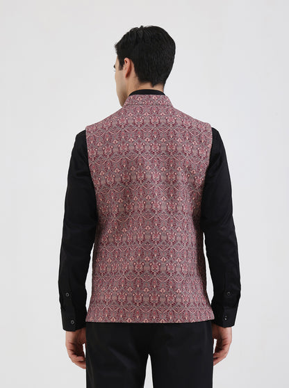 Maroon & Beige Printed Regular Fit Waistcoat | JB Studio