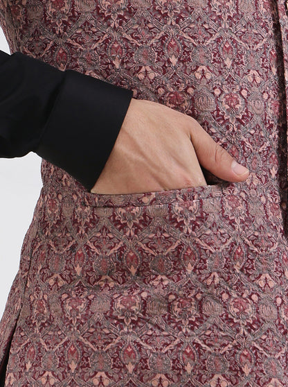 Maroon & Beige Printed Regular Fit Waistcoat | JB Studio