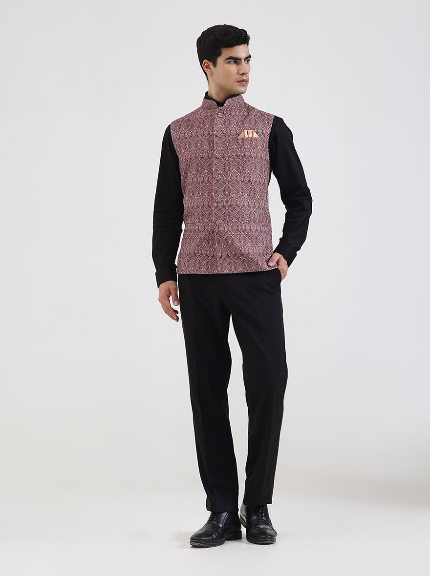 Maroon & Beige Printed Regular Fit Waistcoat | JB Studio
