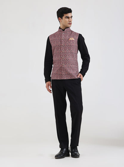Maroon & Beige Printed Regular Fit Waistcoat | JB Studio