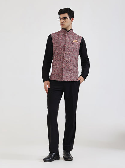 Maroon & Beige Printed Regular Fit Waistcoat | JB Studio