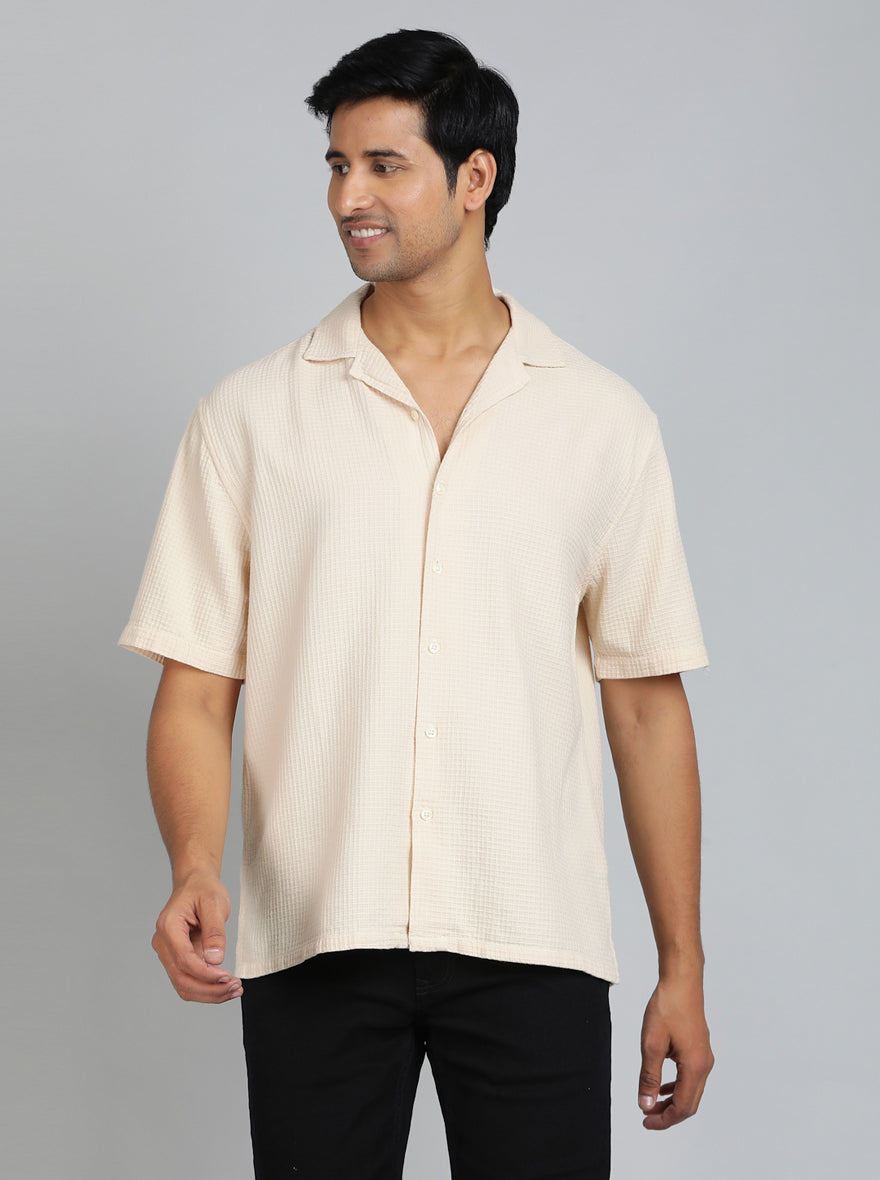 Cream Dobby Slim Fit Casual Shirt | JadeBlue
