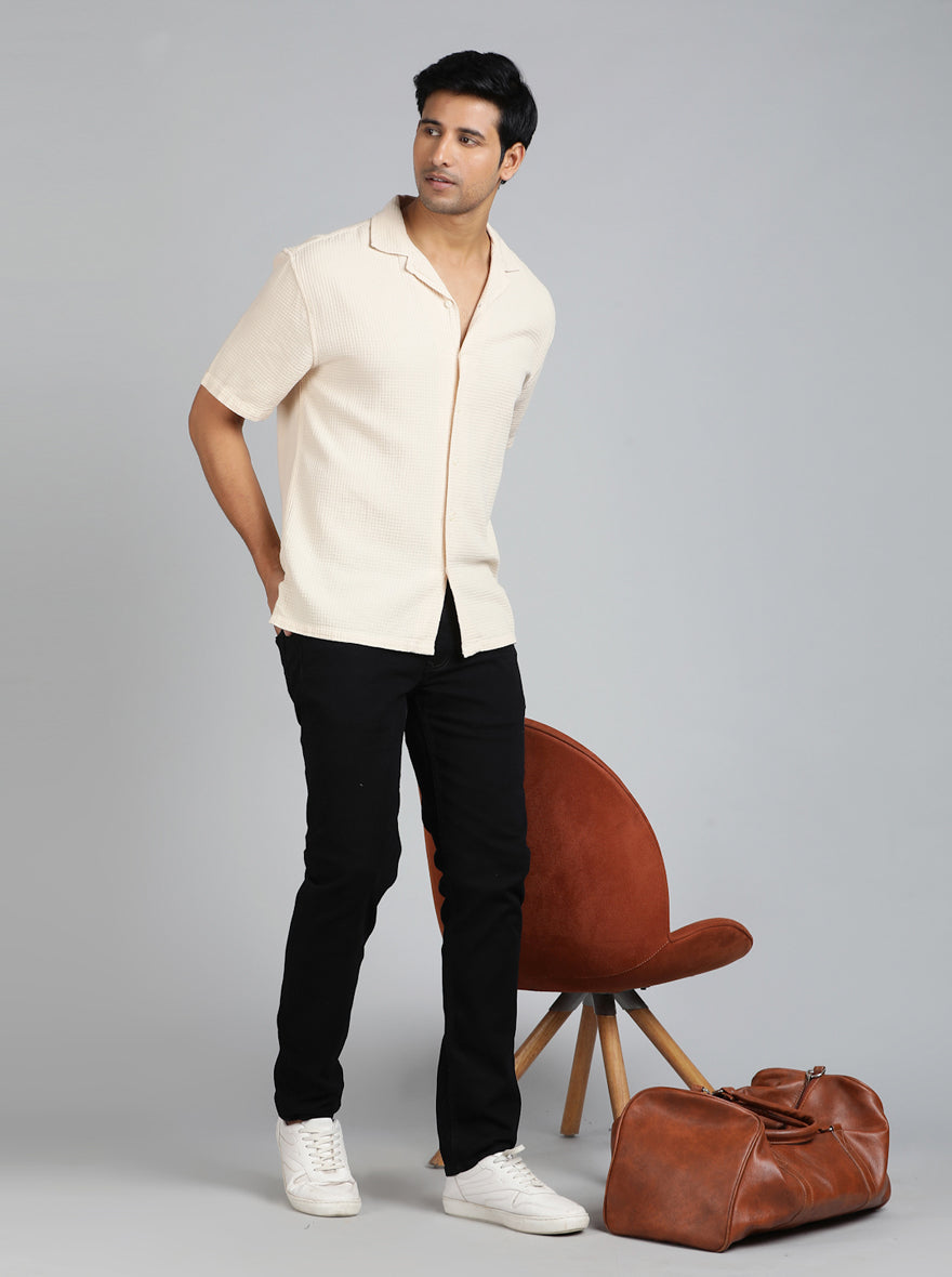 Cream Dobby Slim Fit Casual Shirt | JadeBlue