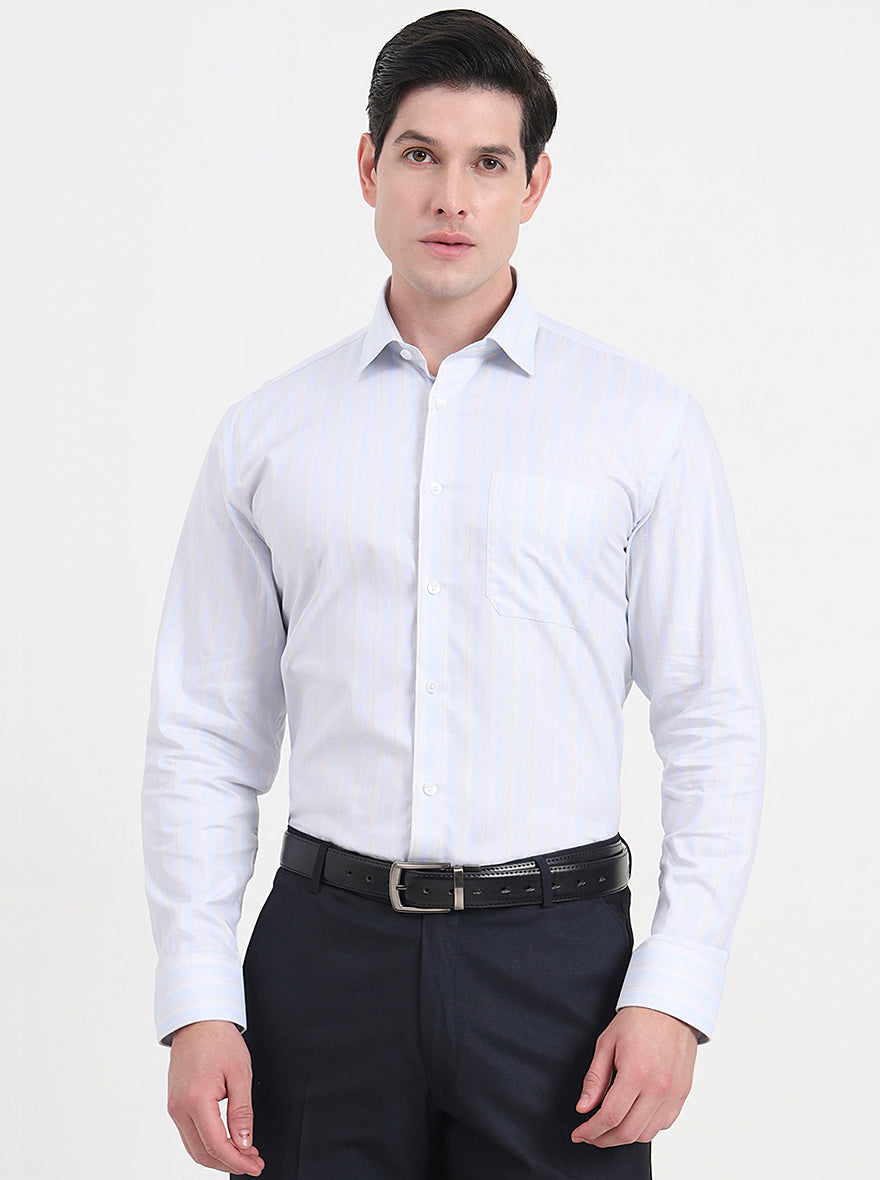 Sky Blue & White Striped Regular Fit Formal Shirt | JadeBlue