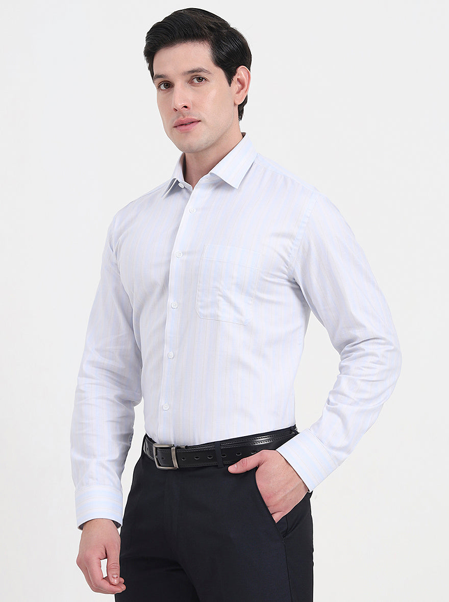 Sky Blue & White Striped Regular Fit Formal Shirt | JadeBlue