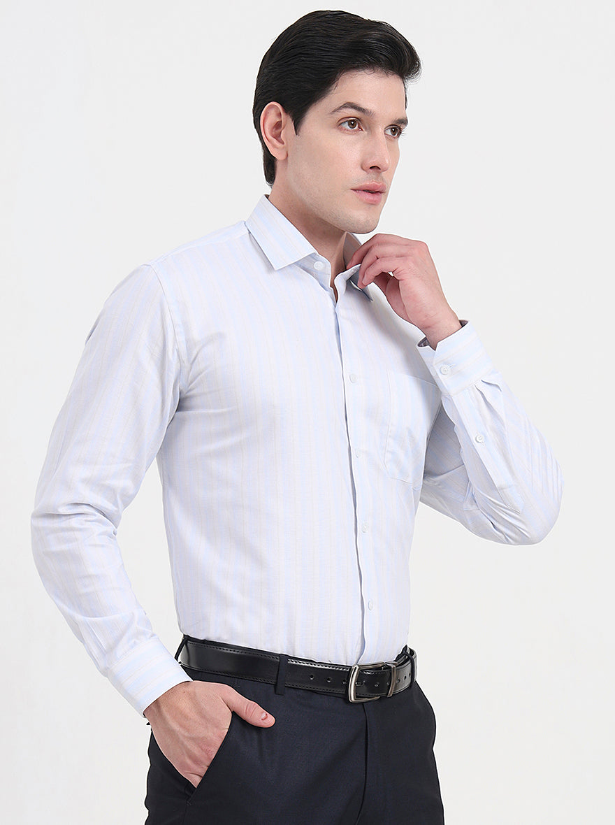 Sky Blue & White Striped Regular Fit Formal Shirt | JadeBlue