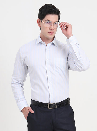 Sky Blue & White Striped Regular Fit Formal Shirt | JadeBlue