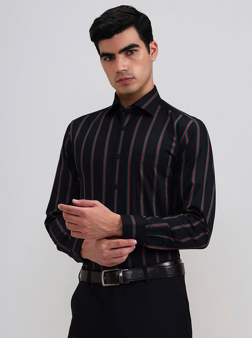 Black & Green Striped Slim Fit Formal Shirt | Metal