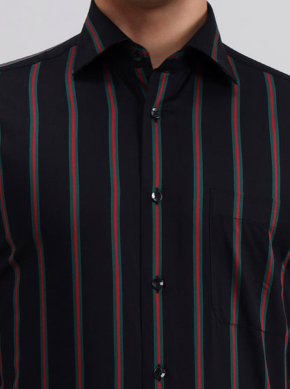Black & Green Striped Slim Fit Formal Shirt | Metal