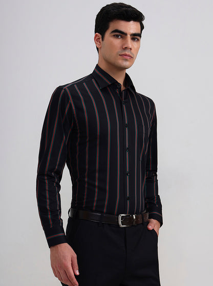 Black & Green Striped Slim Fit Formal Shirt | Metal