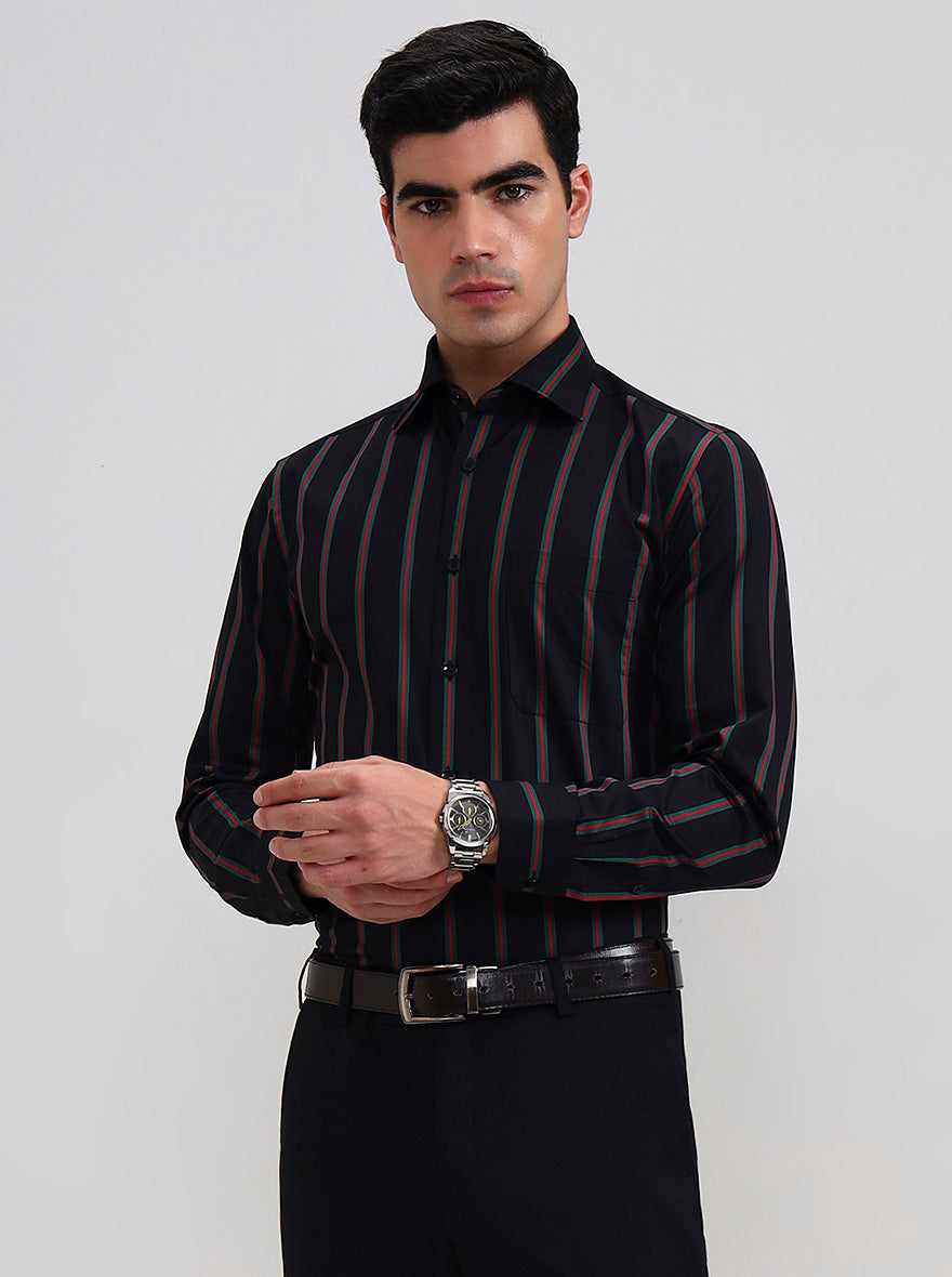 Black & Green Striped Slim Fit Formal Shirt | Metal
