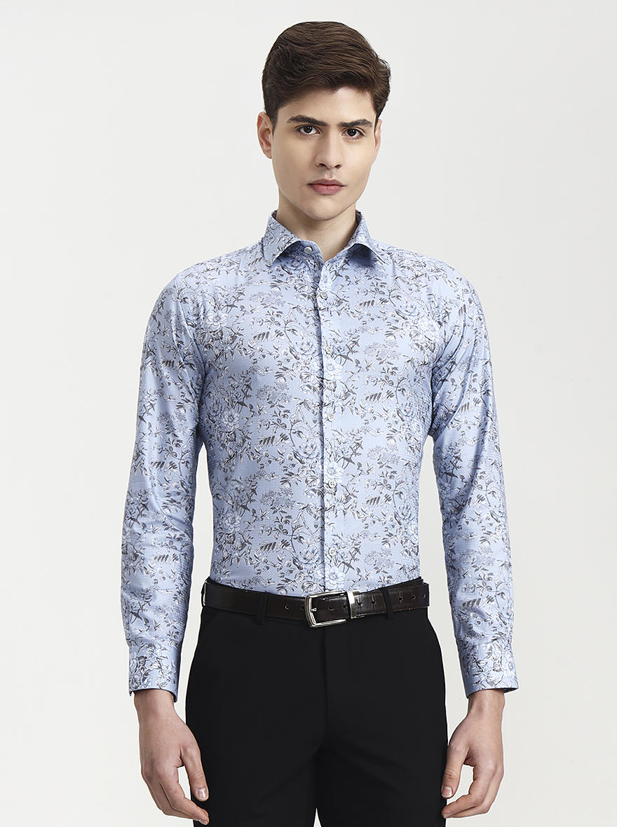 Blue & Grey Printed Slim Fit Party Wear Shirt | Wyre
