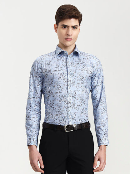 Blue & Grey Printed Slim Fit Party Wear Shirt | Wyre