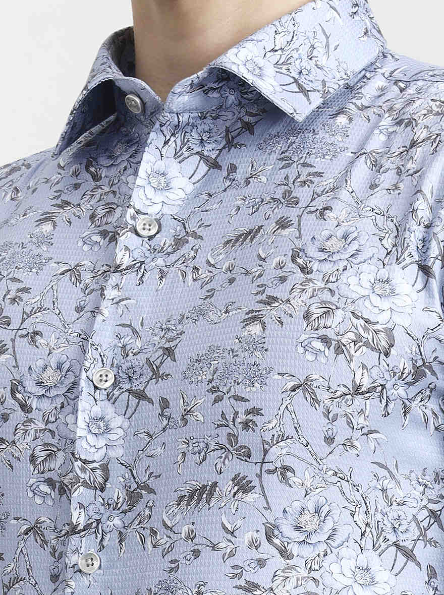 Blue & Grey Printed Slim Fit Party Wear Shirt | Wyre