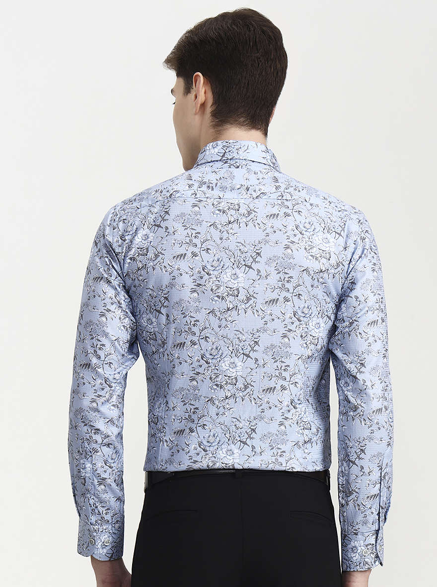 Blue & Grey Printed Slim Fit Party Wear Shirt | Wyre